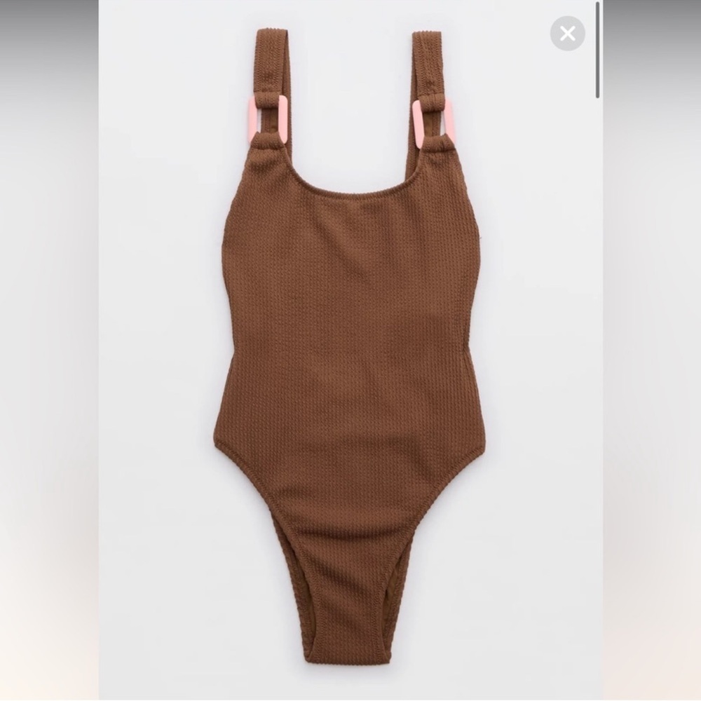 Aerie Birthday Crinkle Scoopneck One Piece Dark Brown with Pink Accents NWT